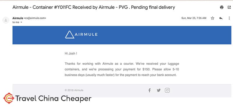 Email confirmation from Airmule that payment was pending