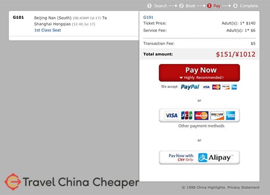 China Highlights Checkout page for train ticket purchases