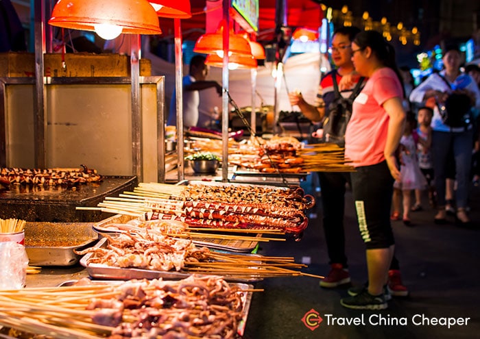 Street food at a night market in Chengdu, China.