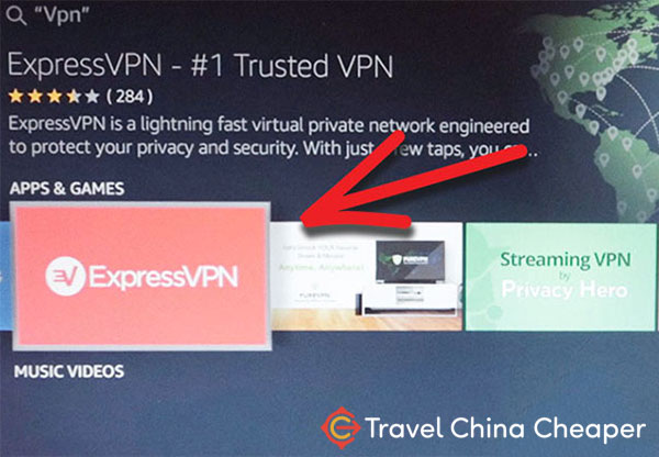 Search for ExpressVPN on Amazon Fire TV in China