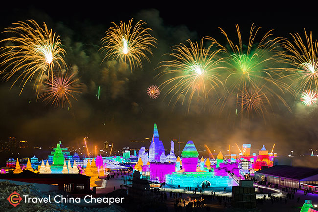 Fireworks over the Harbin ice festival in China