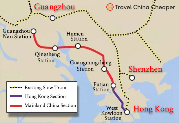A map of the Guangzhou to Hong Kong high speed train in China