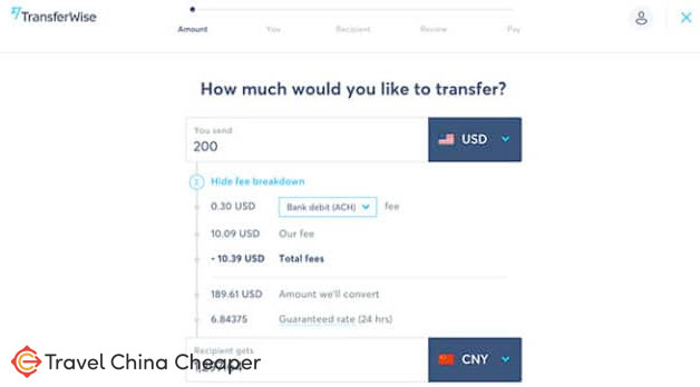 Exchanging money between USD and CNY on the Wise website