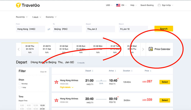 The TravelGo Price Calendar feature